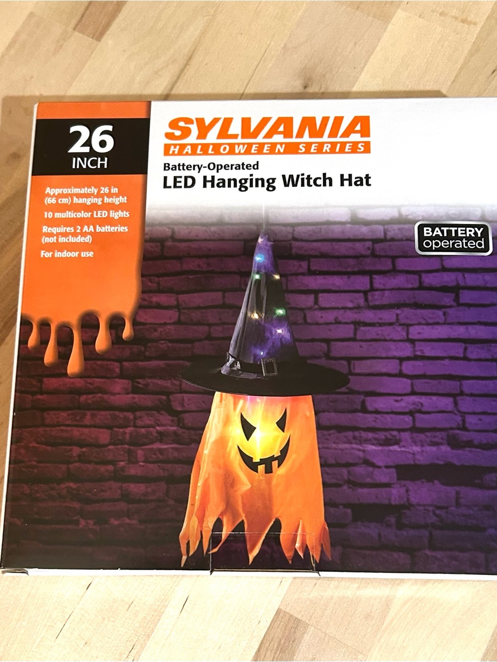 New in Box Sylvania Halloween Battery Operated LED Hanging Witch Hat